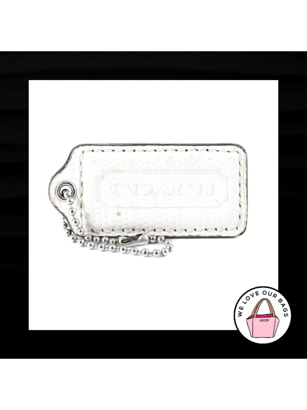 2.25" COACH White Exotic Python LEATHER Nickel Fob Bag Charm Keychain Hang Tag